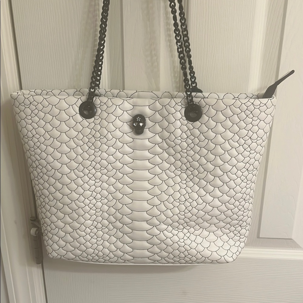 Betsey Johnson White Tote Bag with Woven Texture and Silver Chain Straps